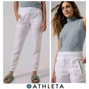🤍NWTS-$80 ATHLETA Cabo Linen Jogger Zip-Pockets Lightweight White Pants size 12